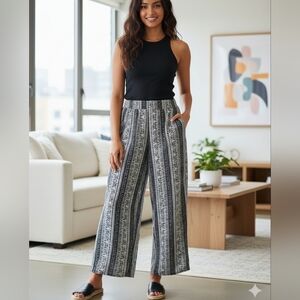Mile Gabrielle Wide Leg Pants Black And White Paisley Stripe Boho Print  Sz L/XL